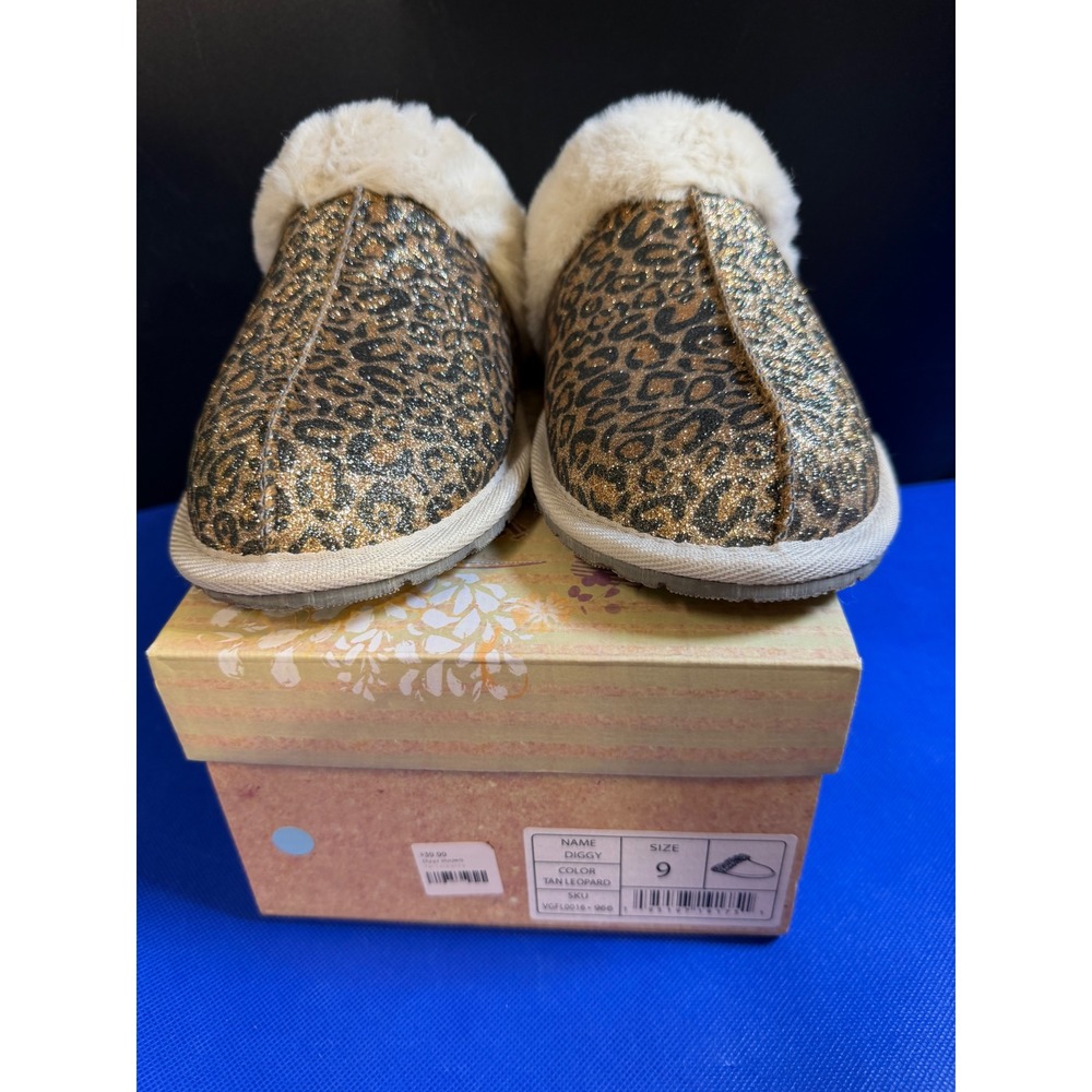 Very G Diggy‎ Tan Leopard Glitter Faux Fur Slipper Mules Womens 9 NEW
